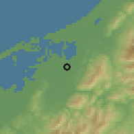 Shaded relief of the 54 km around Agano, drawn from the GMTED2010 grid