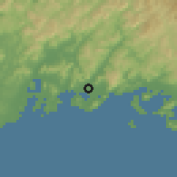 Shaded relief of the 55 km around Hōfu, drawn from the GMTED2010 grid