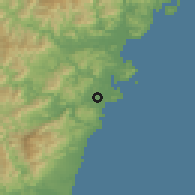 Shaded relief of the 56 km around Hyūga, drawn from the GMTED2010 grid