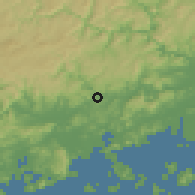 Shaded relief of the 55 km around Ibara, drawn from the GMTED2010 grid