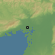 Shaded relief of the 55 km around Amagasaki, drawn from the GMTED2010 grid