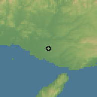 Shaded relief of the 55 km around Inami, drawn from the GMTED2010 grid