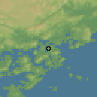 Shaded relief of the 55 km around Innoshima, drawn from the GMTED2010 grid