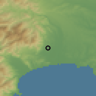 Shaded relief of the 55 km around Isehara, drawn from the GMTED2010 grid