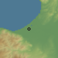 Shaded relief of the 52 km around Ishikari, drawn from the GMTED2010 grid