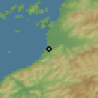 Shaded relief of the 55 km around Iyo, drawn from the GMTED2010 grid