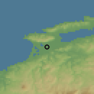 Shaded relief of the 55 km around Izumo, drawn from the GMTED2010 grid