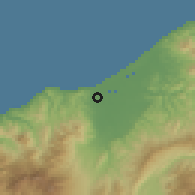 Shaded relief of the 54 km around Jōetsu, drawn from the GMTED2010 grid