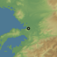 Shaded relief of the 56 km around Jonan, drawn from the GMTED2010 grid
