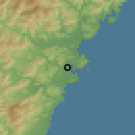 Shaded relief of the 56 km around Kadogawa, drawn from the GMTED2010 grid