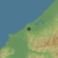 Shaded relief of the 54 km around Kaga, drawn from the GMTED2010 grid