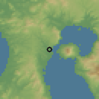 Shaded relief of the 56 km around Kagoshima, drawn from the GMTED2010 grid