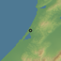 Shaded relief of the 54 km around Kahoku, drawn from the GMTED2010 grid