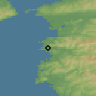 Shaded relief of the 55 km around Arida, drawn from the GMTED2010 grid