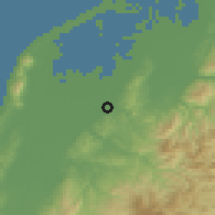 Shaded relief of the 54 km around Kamo, drawn from the GMTED2010 grid