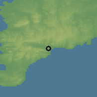 Shaded relief of the 55 km around Kamogawa, drawn from the GMTED2010 grid