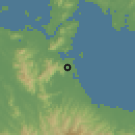 Shaded relief of the 55 km around Kanda, drawn from the GMTED2010 grid