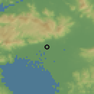 Shaded relief of the 55 km around Kanzaki, drawn from the GMTED2010 grid