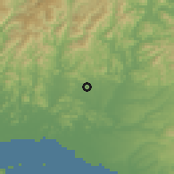 Shaded relief of the 55 km around Kasai, drawn from the GMTED2010 grid