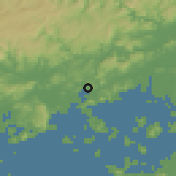 Shaded relief of the 55 km around Kasaoka, drawn from the GMTED2010 grid