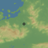 Shaded relief of the 55 km around Kasuga, drawn from the GMTED2010 grid