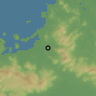 Shaded relief of the 55 km around Kasuya, drawn from the GMTED2010 grid