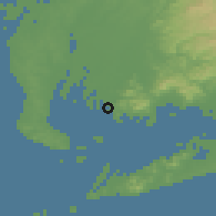 Shaded relief of the 55 km around Kira, drawn from the GMTED2010 grid