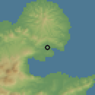 Shaded relief of the 55 km around Kitsuki, drawn from the GMTED2010 grid
