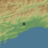 Shaded relief of the 55 km around Kōchi, drawn from the GMTED2010 grid