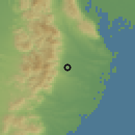 Shaded relief of the 55 km around Komono, drawn from the GMTED2010 grid