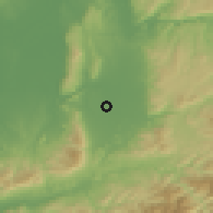 Shaded relief of the 55 km around Kōryō, drawn from the GMTED2010 grid