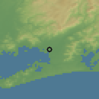 Shaded relief of the 55 km around Kozakai, drawn from the GMTED2010 grid