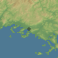 Shaded relief of the 55 km around Kudamatsu, drawn from the GMTED2010 grid