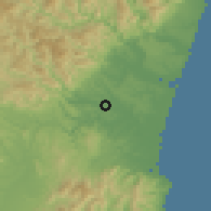 Shaded relief of the 56 km around Kunitomi, drawn from the GMTED2010 grid