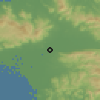 Shaded relief of the 55 km around Kurume, drawn from the GMTED2010 grid