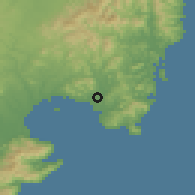 Shaded relief of the 56 km around Kushima, drawn from the GMTED2010 grid