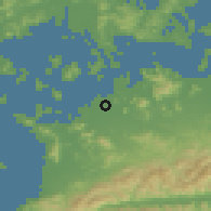 Shaded relief of the 55 km around Marugame, drawn from the GMTED2010 grid