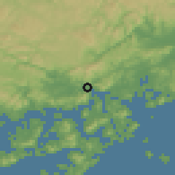 Shaded relief of the 55 km around Mihara, drawn from the GMTED2010 grid