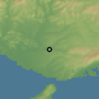 Shaded relief of the 55 km around Miki, drawn from the GMTED2010 grid