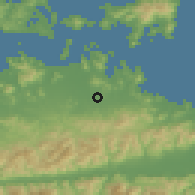 Shaded relief of the 55 km around Miki, drawn from the GMTED2010 grid