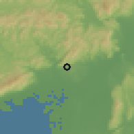 Shaded relief of the 55 km around Minō, drawn from the GMTED2010 grid