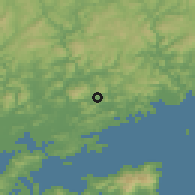 Shaded relief of the 55 km around Bizen, drawn from the GMTED2010 grid