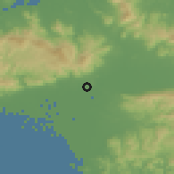 Shaded relief of the 55 km around Miyaki, drawn from the GMTED2010 grid