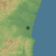 Shaded relief of the 56 km around Miyazaki, drawn from the GMTED2010 grid