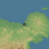 Shaded relief of the 55 km around Bungotakada, drawn from the GMTED2010 grid