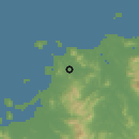 Shaded relief of the 55 km around Munakata, drawn from the GMTED2010 grid