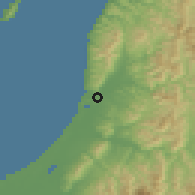 Shaded relief of the 54 km around Murakami, drawn from the GMTED2010 grid