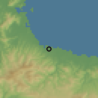 Shaded relief of the 55 km around Buzen, drawn from the GMTED2010 grid
