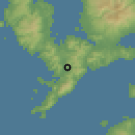 Shaded relief of the 56 km around Nagasaki, drawn from the GMTED2010 grid