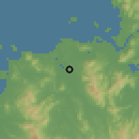 Shaded relief of the 55 km around Nakama, drawn from the GMTED2010 grid